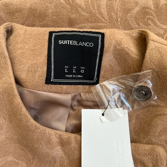 Suite Blanco Paisley Camel Tan Pea Coat Jacket Size L Large Pockets Round Neck - Picture 8 of 10